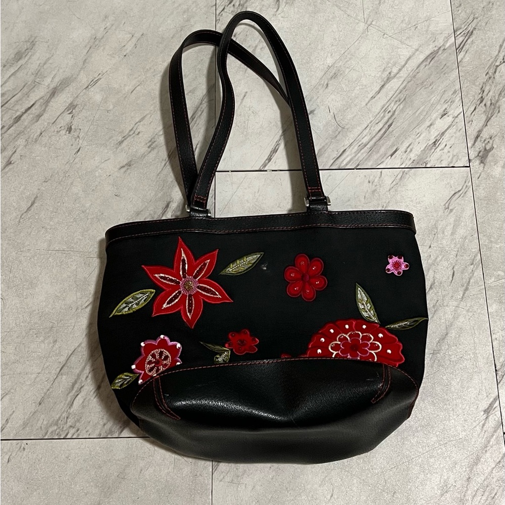 Liz Claiborne Black and Red Floral Tote Bag